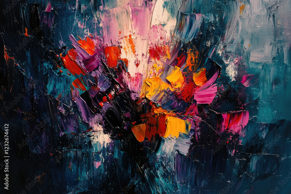 Poster an abstract oil painting with vibrant colors and bold brushstrokes creating a dynamic and energetic 