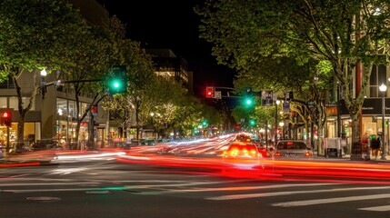 Night city street scene with light trails and traffic.