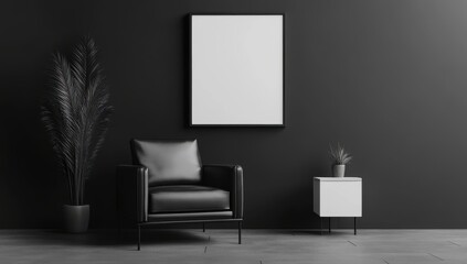 Monochromatic Interior Design: A stylish black leather armchair sits beside a minimalist side table, a large framed blank canvas hangs on the dark wall, creating a mood of sophisticated serenity.