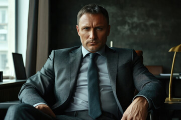 Confident businessman in a dark gray suit, sitting in his office, looking directly at the camera.