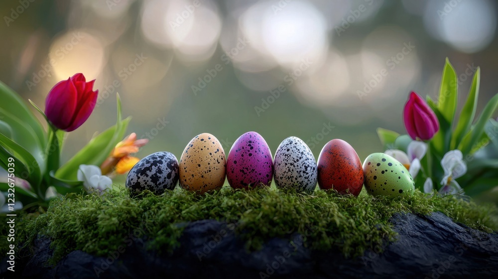 Poster a group of colorful eggs are sitting on a mossy log in front of a field of flowe