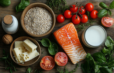 A vibrant assortment of healthy foods, including fresh fish and milk, displayed on a table. The focus is on nutrient-rich vegetables like spinach and leafy greens, complemented by colorful fruits such