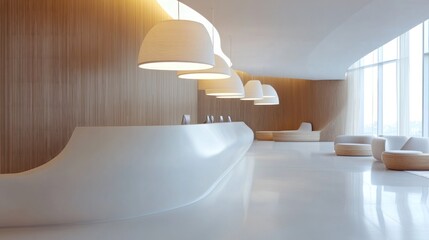 Modern hotel reception with curved white desk, wooden wall, and comfortable seating.