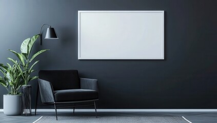 Fototapeta premium Modern Minimalist Living Room Mockup: A stylish and sleek living room with a black wall, a comfortable armchair, a potted plant, and a large framed canvas blank for your artwork, design, or text.