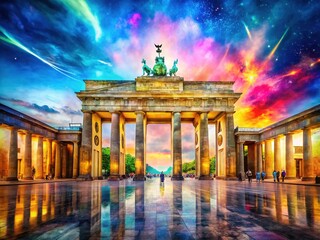 Obraz premium Brandenburg Gate, AI-enhanced double exposure, fantasy cityscape.