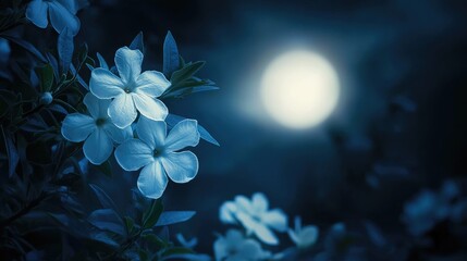 A serene night scene featuring jasmine flowers illuminated by soft moonlight. 