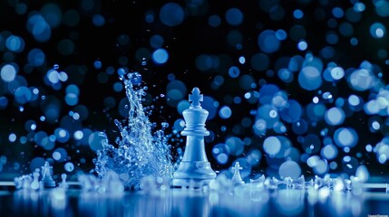 Dramatic scene of a chess king surrounded by cascading chess pieces in a stunning background