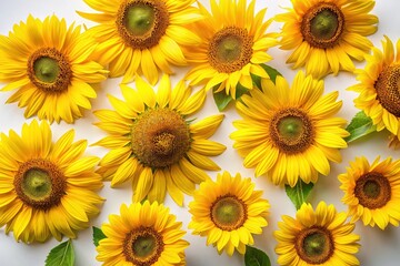 Fototapeta premium Bold sunflowers, bright against white, spotlight a fashion shoot.