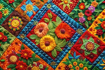 Bold floral prints, geometric quilt patterns.