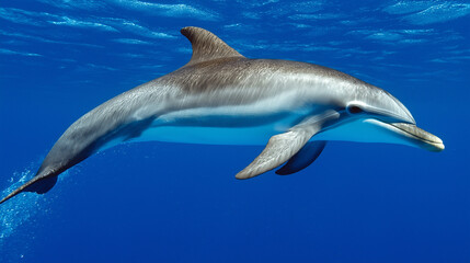 Dolphin in the Deep: A sleek dolphin cuts through crystal-clear turquoise waters, its streamlined body reflecting the sunlight.