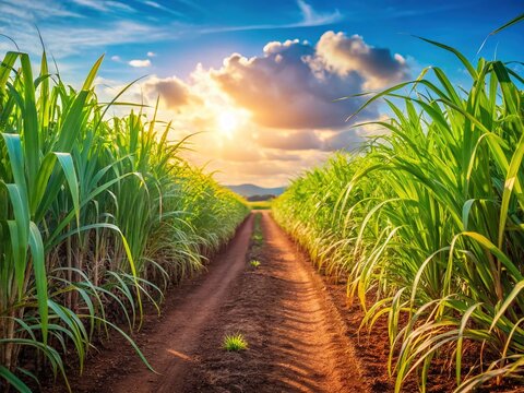 Bokeh sugarcane farms, sugar production's global footprint, farming's planetary role.