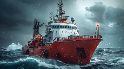 Fototapeta premium A research vessel bravely sails through turbulent waters as dark clouds loom overhead. The crew works diligently as waves crash against the hull, demonstrating commitment to ocean exploration.