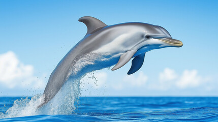 Dolphin Leaps for Freedom:  A graceful dolphin leaps high above the blue ocean waves, showcasing its playful nature and freedom of the sea.  The image evokes a sense of joy and exhilaration.  