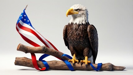 Naklejka premium Bald Eagle with American Flag and Ribbons on a Log
