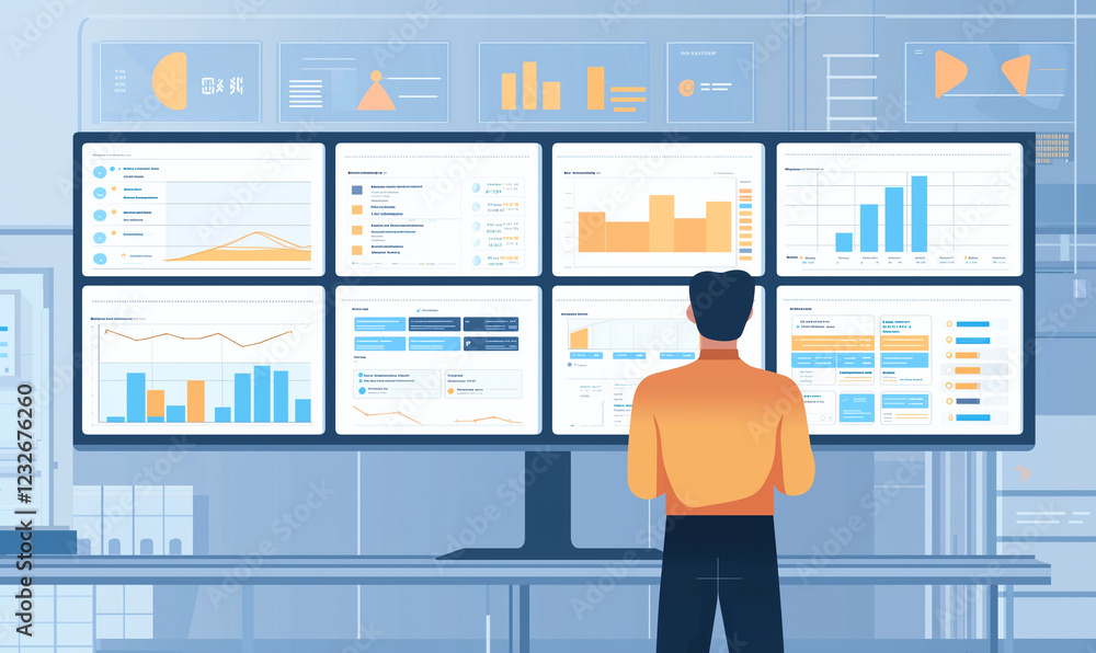 Aufkleber a person analyzing data on multiple screens in a modern office environment.