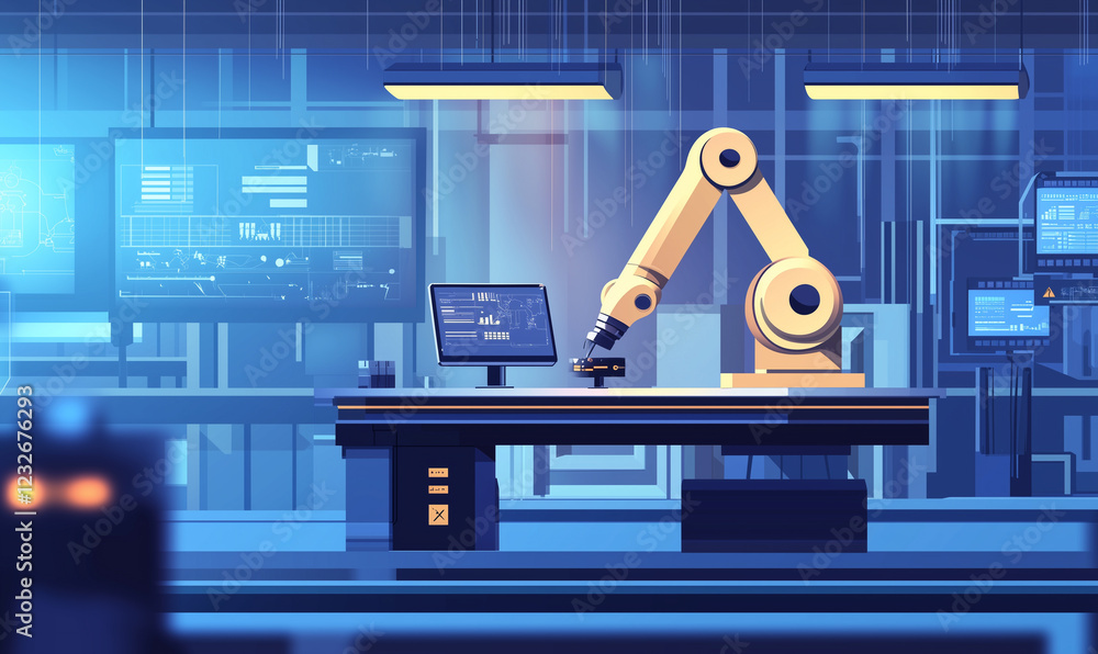 Poster futuristic workspace featuring a robotic arm and digital monitors, highlighting automation and techn