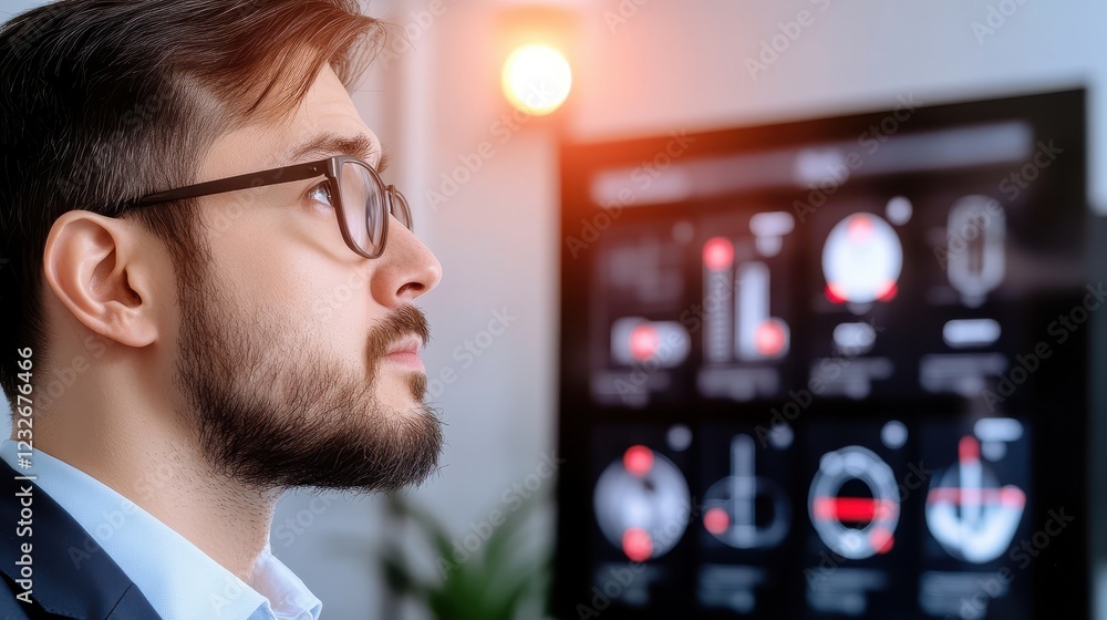 Aufkleber professional man analyzing data on digital dashboard in modern office environment