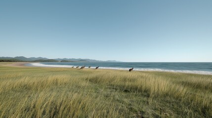 Fototapeta premium Serene Coastal Landscape with Horses Grazing near the Beach
