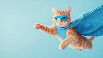 Superhero Cat: A ginger cat with a blue cape and mask, soaring through the air against a bright blue backdrop, embodying a spirit of playfulness, confidence, and the power of imagination. 