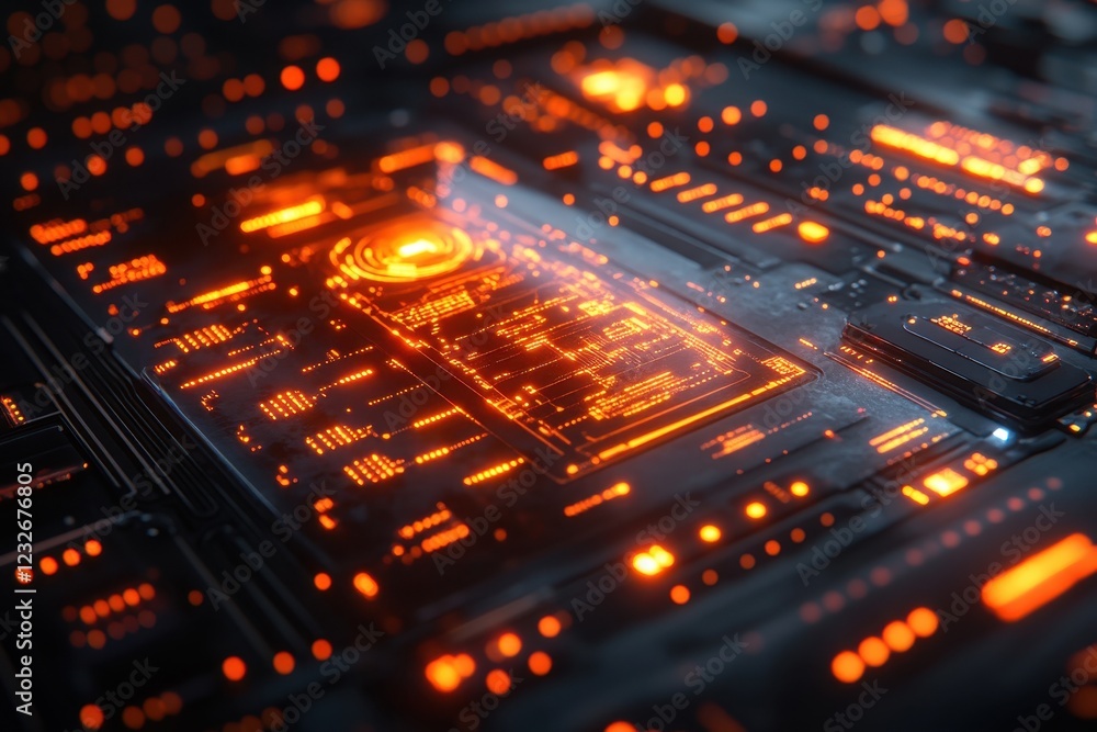 Poster abstract digital circuitry glowing in bright orange against a dark background representing advanced 