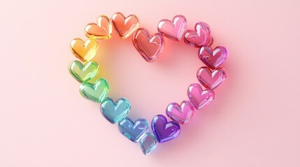 Fototapeta premium Rainbow hearts forming heart shape on pink background; Valentine's Day card