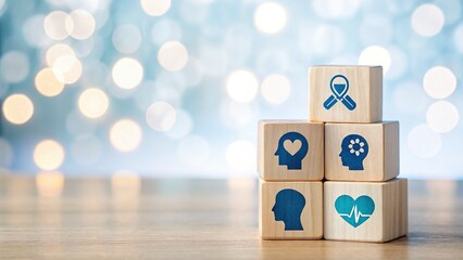 Apnea awareness:  Wooden cubes, blurred bokeh, medical focus.