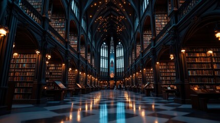 Fototapeta premium A breathtaking gothic library with high arches, grand bookshelves, and enchanting lighting creates a tranquil atmosphere for knowledge seekers and book lovers alike.
