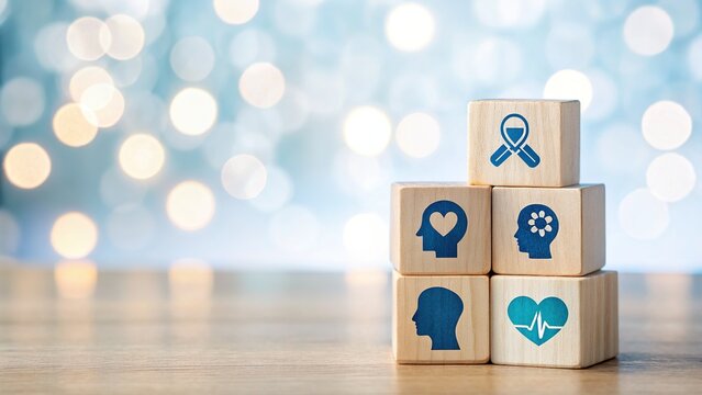 Apnea awareness:  Wooden cubes, blurred bokeh, medical focus.
