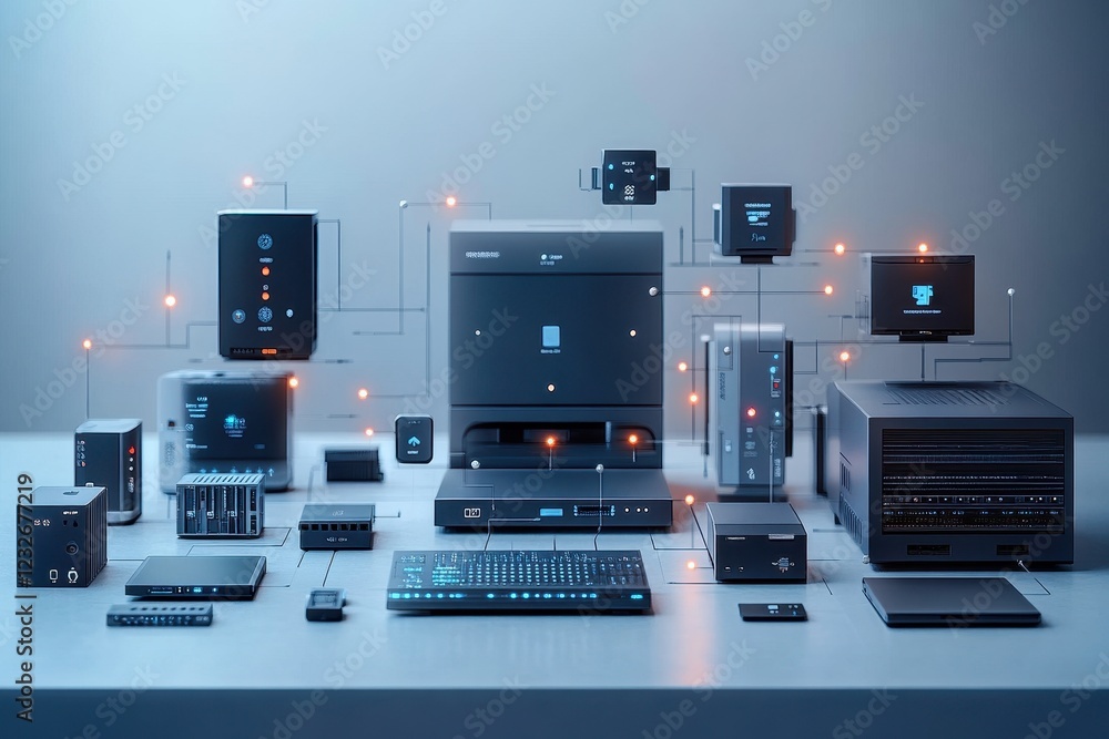 Poster innovative technology setup showcasing multiple devices and systems in a modern workspace environmen