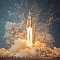 Rocket Launch: The Moment of Thrilling Takeoff and smoke trail against the twilight sky.
