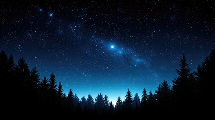 Night Sky Over Forest with Stars and Milky Way in Dark Blue Hue