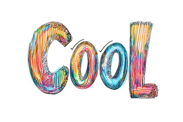 A vibrant artistic illustration of the word Cool painted in colorful brush strokes on a white background, featuring dynamic textures and expressive splashes of color.