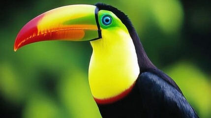 Fototapeta premium Close-up of a vibrant keel-billed toucan with a large, colorful beak against a blurred green background.