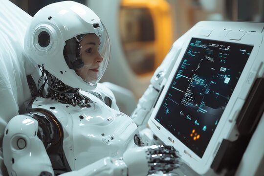 Advanced humanoid robot interacts with futuristic interface in a high-tech environment