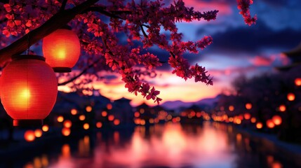 Beautiful Cherry Blossom Evening with Lanterns by Calm Water