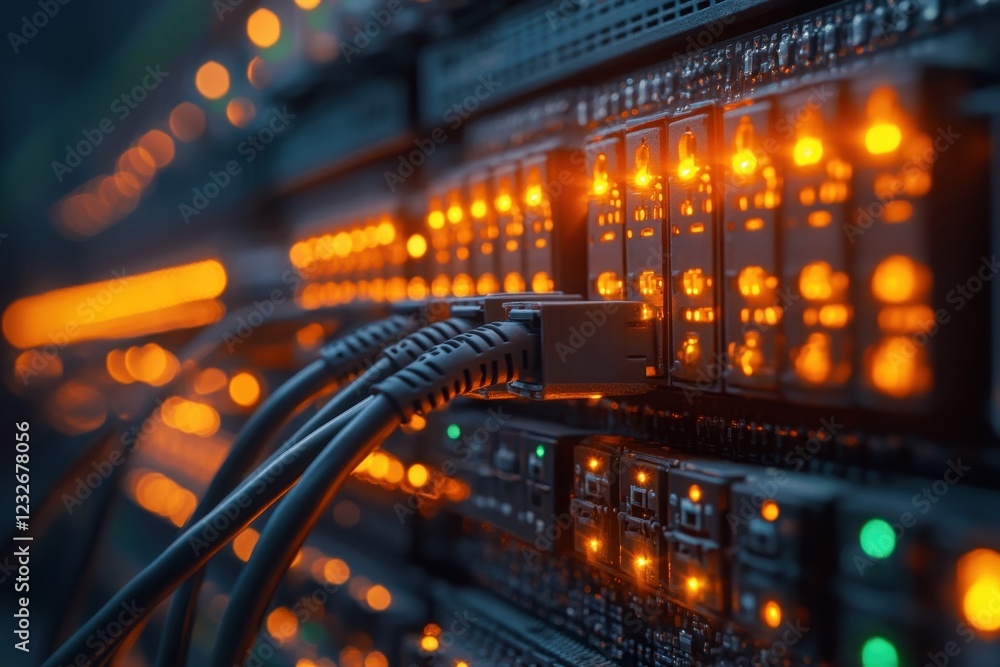 Poster data center with illuminated servers and network cables at night showcasing advanced technology infr