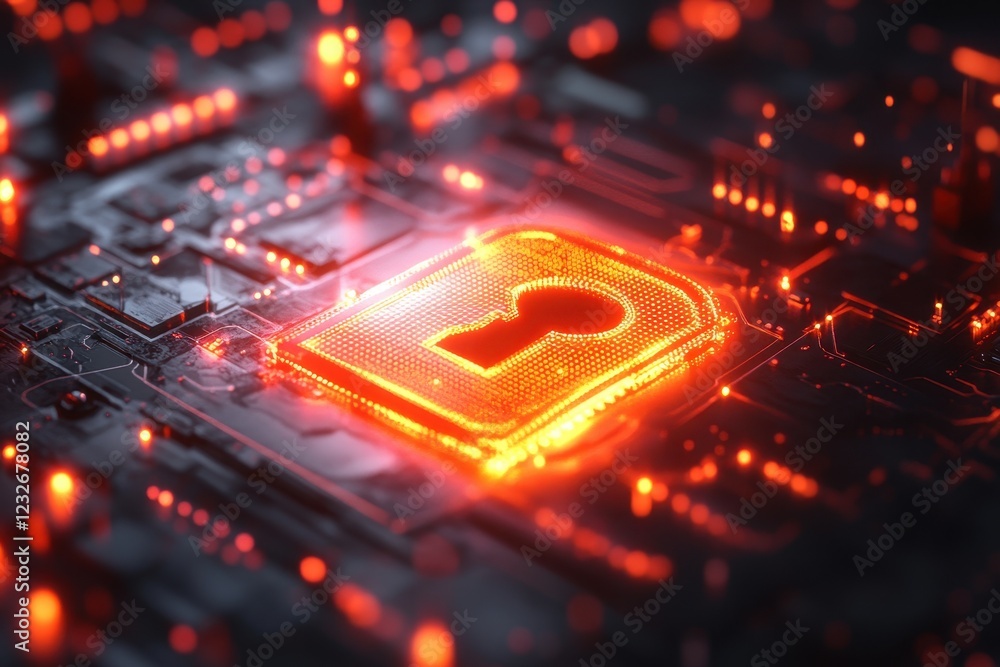Poster digital security symbol glowing on circuit board highlighting technology and innovation in a modern 