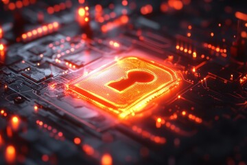 Digital security symbol glowing on circuit board highlighting technology and innovation in a modern environment