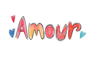  A vibrant artistic illustration of the word Amour painted in colorful brush strokes on a white background, featuring dynamic textures and expressive splashes of color.