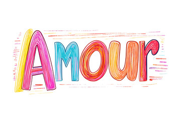  A vibrant artistic illustration of the word Amour painted in colorful brush strokes on a white background, featuring dynamic textures and expressive splashes of color.