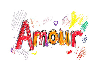  A vibrant artistic illustration of the word Amour painted in colorful brush strokes on a white background, featuring dynamic textures and expressive splashes of color.