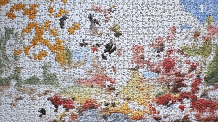 Close-up of a partially completed colorful jigsaw puzzle.