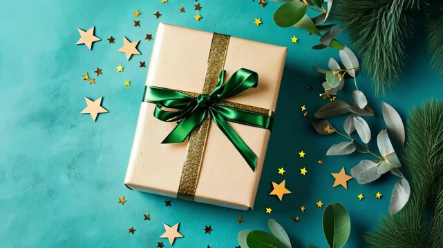 Saint Patrick's Day background with A box with a green ribbon sits on a blue background with a star pattern. The box is wrapped in gold and green paper, and the ribbon is tied in a bow. Concept of
