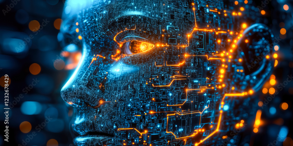 Poster futuristic ai concept art with circuit board face representing innovations in artificial intelligenc