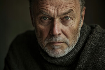 Obraz premium Close-up portrait of a pensive, older man with weathered face and grey beard, wearing a turtleneck sweater.