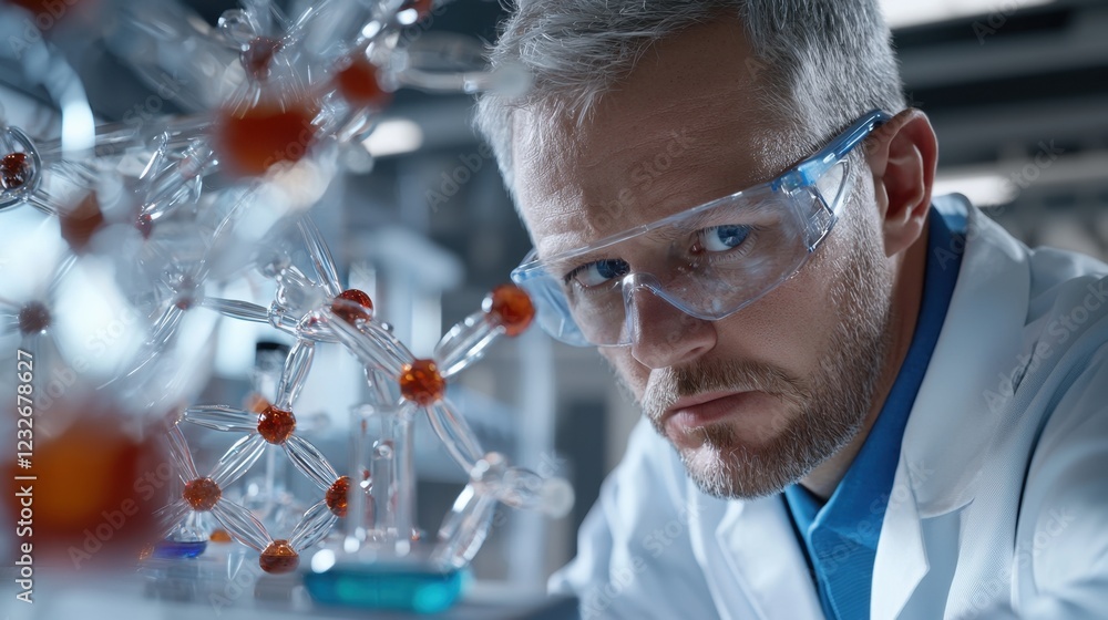 Poster a man in a lab coat is looking at a complex structure