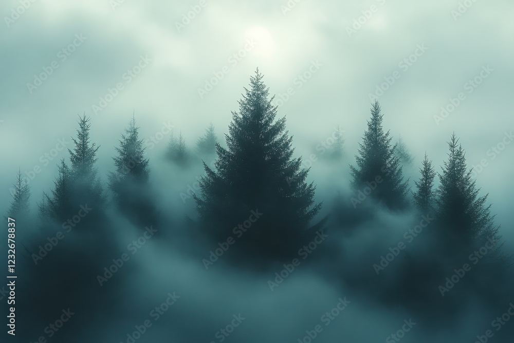 Poster mysterious fog envelops a dense forest with towering evergreen trees at dawn