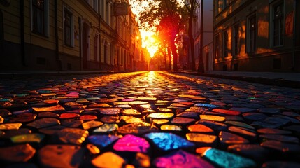 Vibrant Sunset Reflecting on Cobblestone Street with Colorful Lights