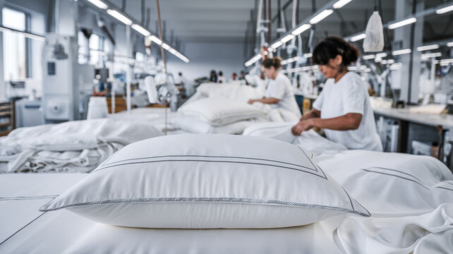 A factory where high-quality bed linen is sewn. The focus is on the details of the fabric and the careful, precise work of the workers who make pillows, duvets and sheets. The background is blurred.