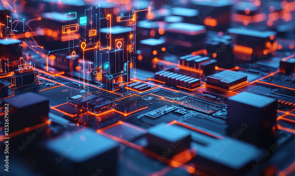 Poster close-up view of a futuristic circuit board with glowing blue and orange lights., quantum computing